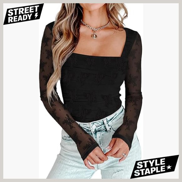 Mesh Long Sleeve Bodysuit Square Neck Ruched Top X-Small